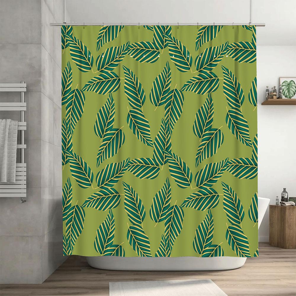 Leaf Pattern Shower Curtain Green Background Bathroom Decor Waterproof Print Shower Curtains for Kids Room Home Decoration 180x2