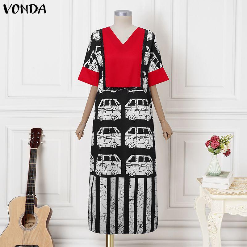 

VONDA Summer Women Half Sleeve Striped Print Casual Long Maxi Robes Dress 5XL красный