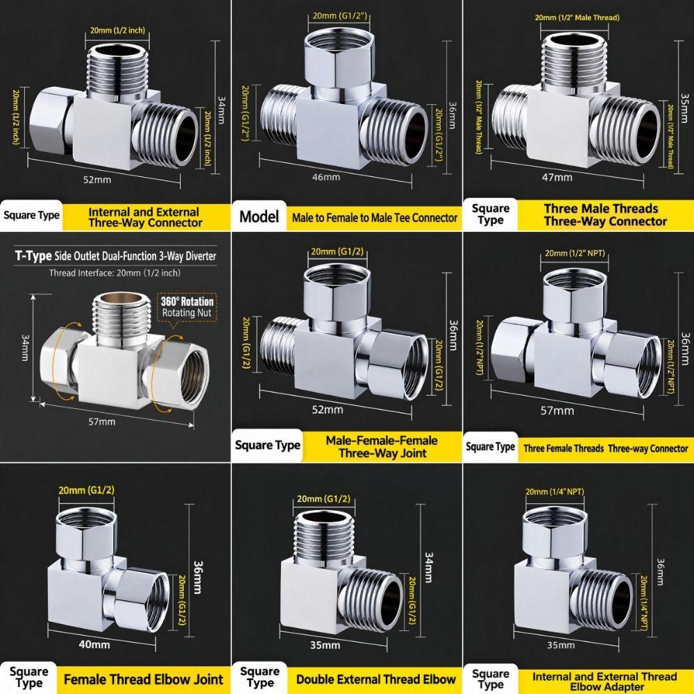 Swivel Nut T Pipe Fitting Square Shape Water Splitter New Three Way Valve Pipe Fitting Accessories