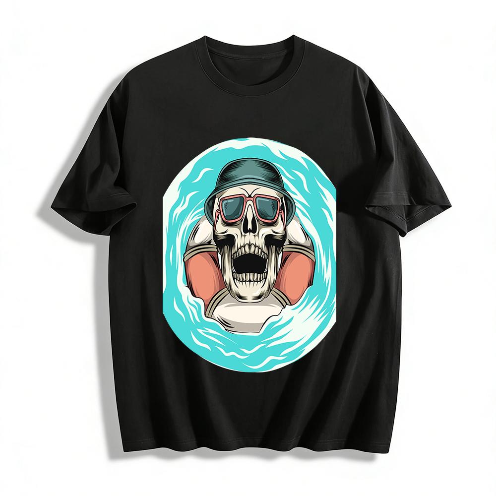 Skull With Lifebuoy Print T-Shirt Cool Street Style Casual Top Pure cotton T-shirt XXS