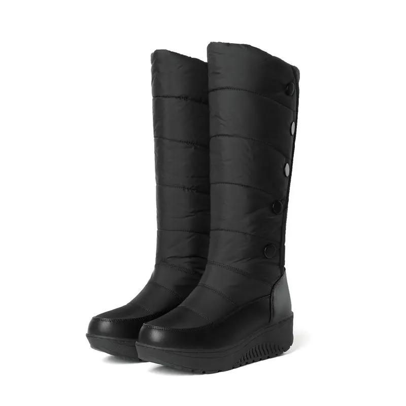 New Forst Winter Snow Boots Women Mid Calf Warm Plush Wedges Shoes Waterproof Down Patchwork PU Buttons Platform Boots