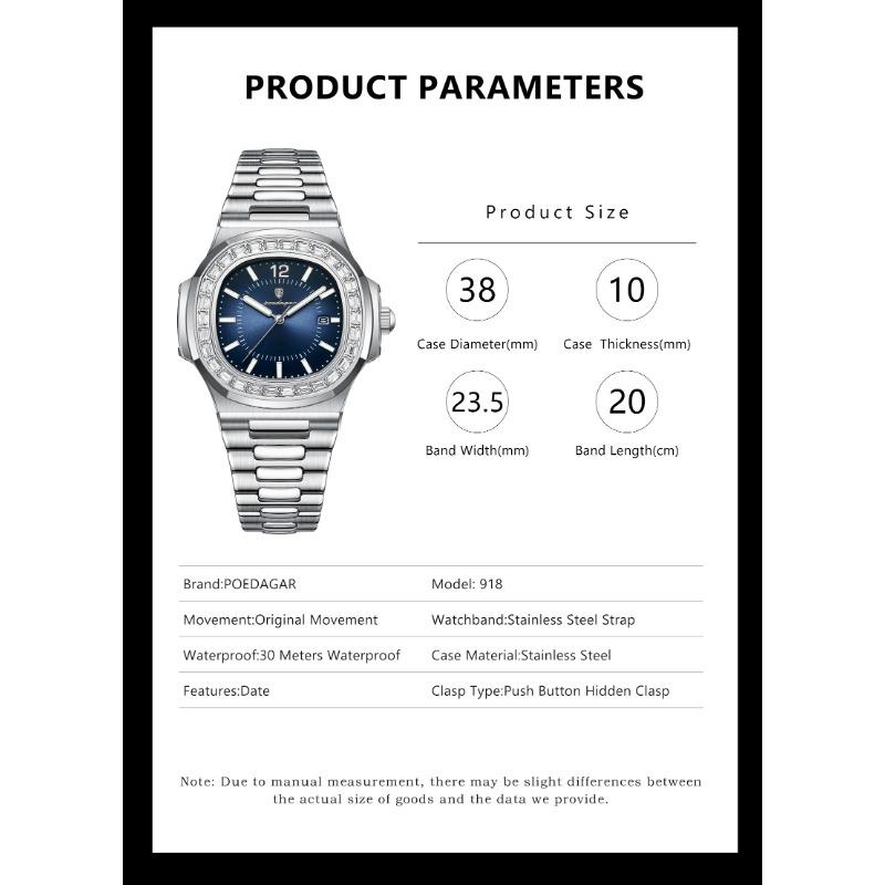POEDAGAR Luxury Man Quartz Watch Square Watch for Men Waterproof Luminous Date Stainless Steel Watches Sports Clock reloj