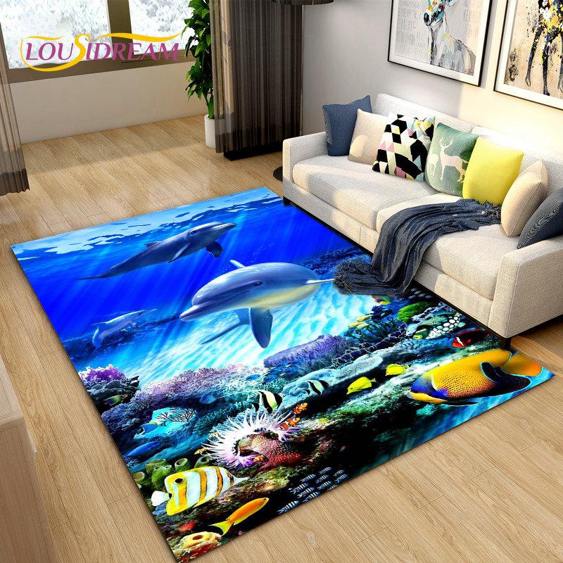 3D Underwater World Sea Turtle Dolphin Area Rug Large,Carpet Rug for Living Room Bedroom Sofa Doormat Kitchen,Non-slip Floor Mat
