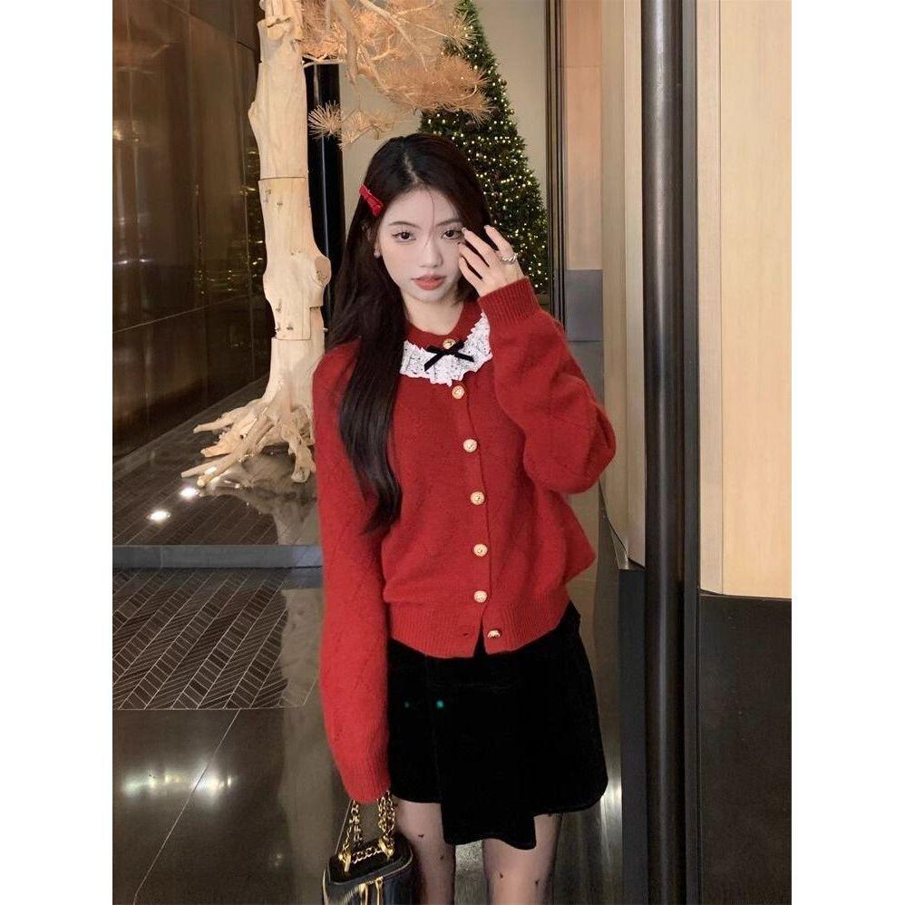 

Red Chic Lace-Trim Bow Sweater - Soft, Loose, Short Knit Top for Women One Size