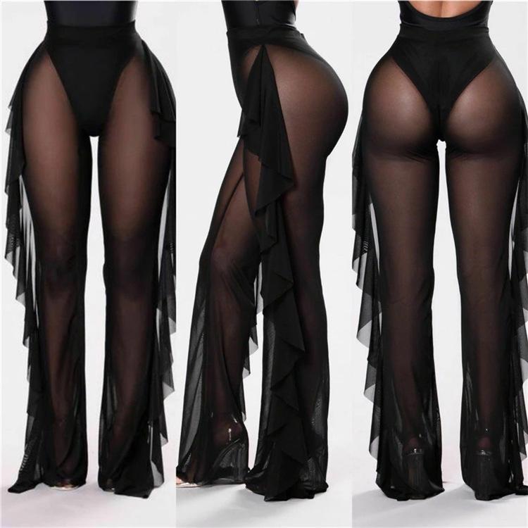 Rüschen Einfarbig Lässige Sexy Mesh-Hose Durchsichtige Strandurlaubshose für Damen