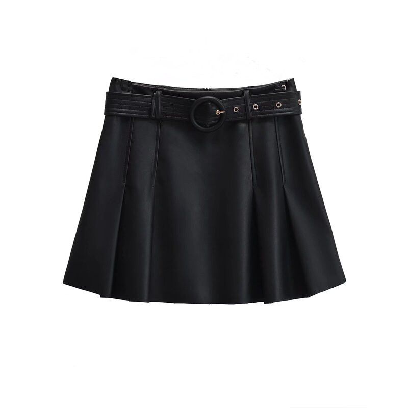 

Fashion Style New Arrival Women s Stylish Versatile Belt High Waist Faux Leather Wide Pleated Skirt 03046246800 Black L