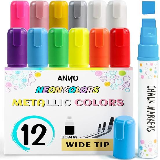 12 Pack Window Marker for Car,Washable Paint Chalk Markers with 10mm 3 in 1 Nib Wide Tip,Metallic & Neon Color Wet Erase Car Markers Washable for Wide Tip - 10mm