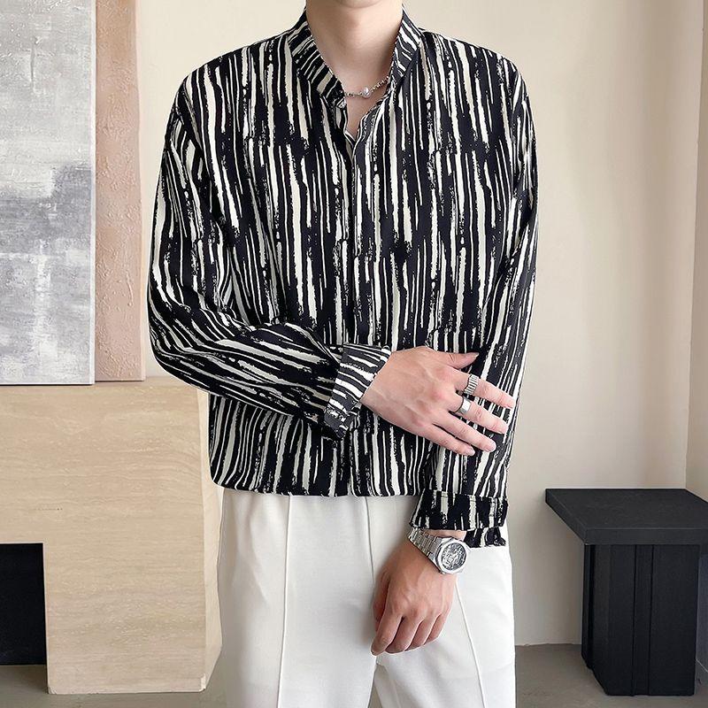 

Long Sleeve Satin Print Irt Youth Faion Casual Striped Pattern Dampen Sle Four Seasons Wear Loose Fit Shirts 4XL чорний