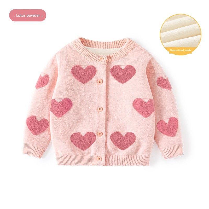 Spring and Autumn Kids Heart Combed Cotton Long Sleeves Sweater Girl Fleece-lined Cardigan Top Baby Girl Knitwear Outwear