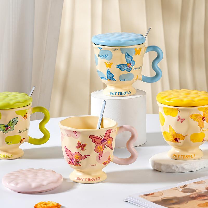 Butterfly Girls Goblet with Lid Spoon Personalized Creative Mug Office and Home Ceramic Cup Opening Gift Cup