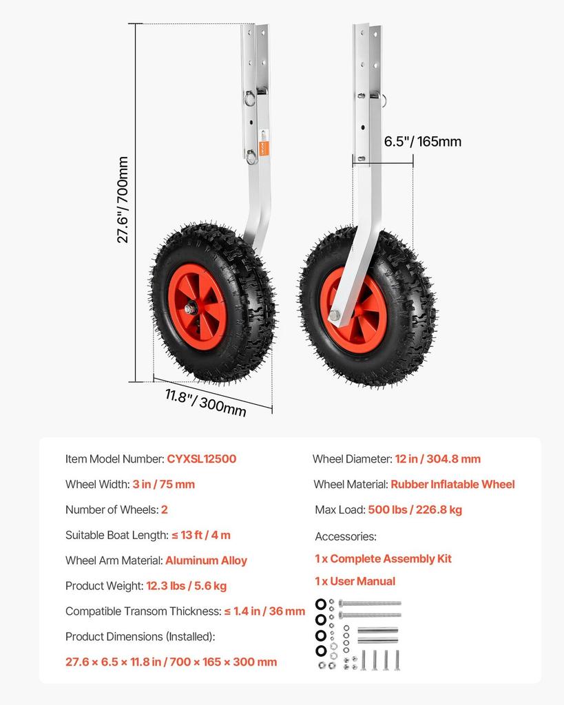 Boat Launching Wheels, 226.8 Kg Load Capacity, 304.8 Mm Aluminium Alloy Transom Wheel with Inflatable Rubber Tires, Folding Launch Wheels with 4 Quick