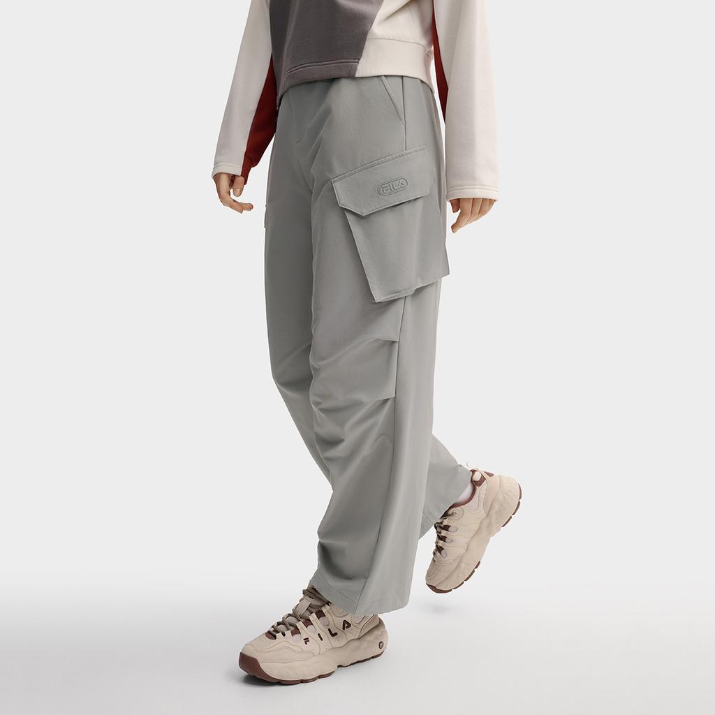 FILA Original Fashion Classic Workwear Soft Comfortable Brushed Woven Straight Leg Casual Pants Women pants Elegant-Gray F11W549802FGY