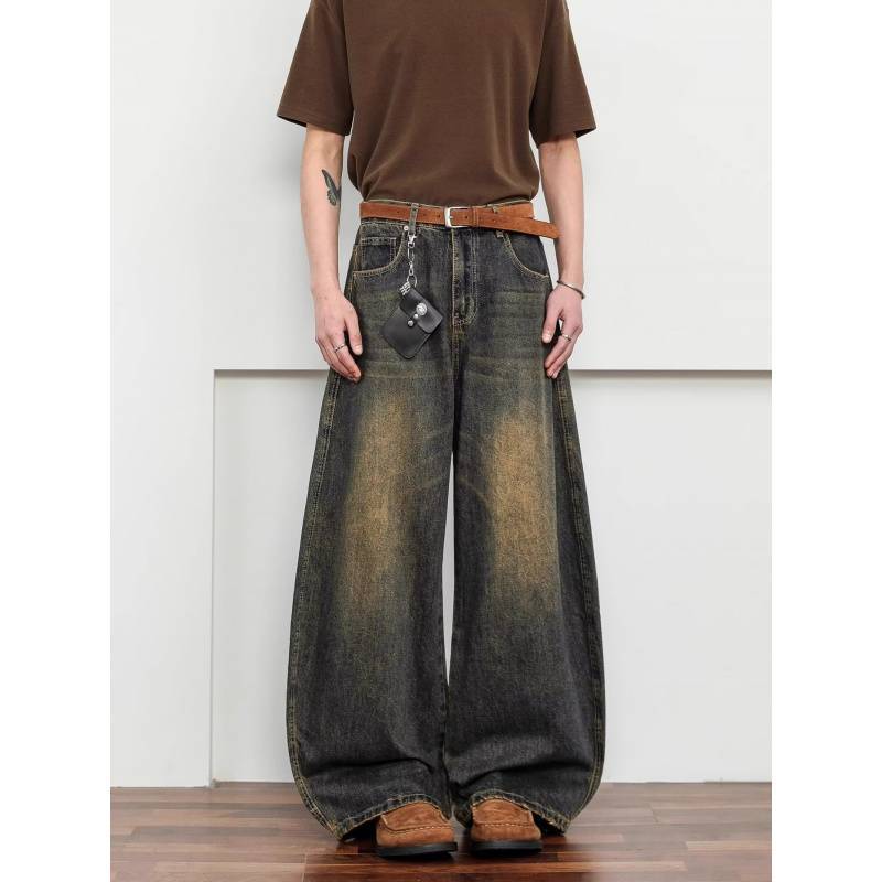 JYL Unisex Wide-Leg Jeans American Vintage Mud Dyed Whisker Bootcut Baggy Denim