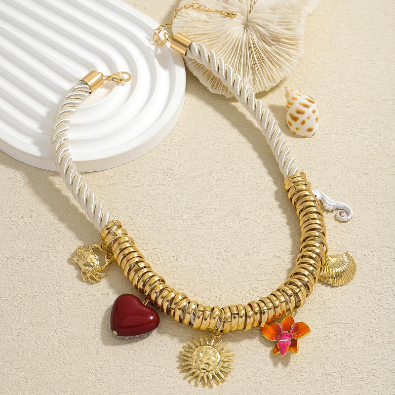 Vintage Handmade Charm Cord Necklace For Women Golden Ocean Animal Pendant Rope Chain Jewelry Summer  Wearing Gift