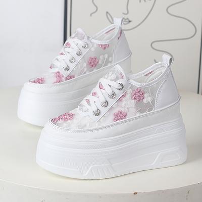 Fashion 12CM Air Mesh Microfiber Leather Summer Platform Vulcanize Women Chunky Sneaker Vulcanize Summer High Brand Comfy Shoes