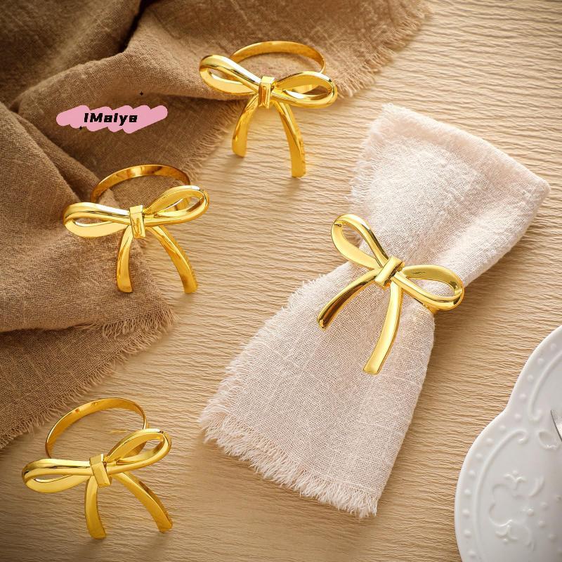 M-4Pcs Gold Bow Napkin Ring, Reusable Napkin Holder, Suitable For Valentine's Day, Parties, And Wedding Table Decorations