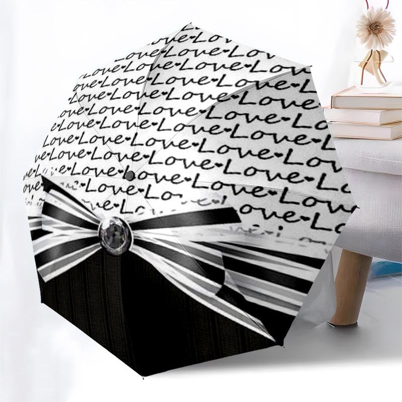 1pc Love, Ribbon, Black-and-White Umbrella with Plastic Handle,Compact & Stylish,Suitable for All Seasons YS331014