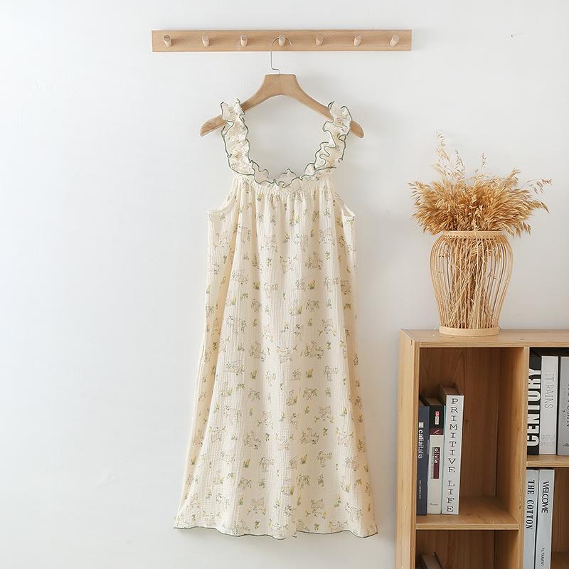 Crepe cotton seersucker women's summer suspender nightdress long dress sexy loungewear printed Korean version cute