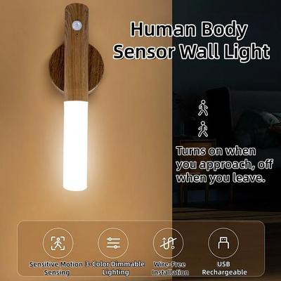 Rechargeable Sensor Wall Light, Magnetic & Wooden Finish, Intelligent Sensor Night Light for Corridor Cabinet Toilet