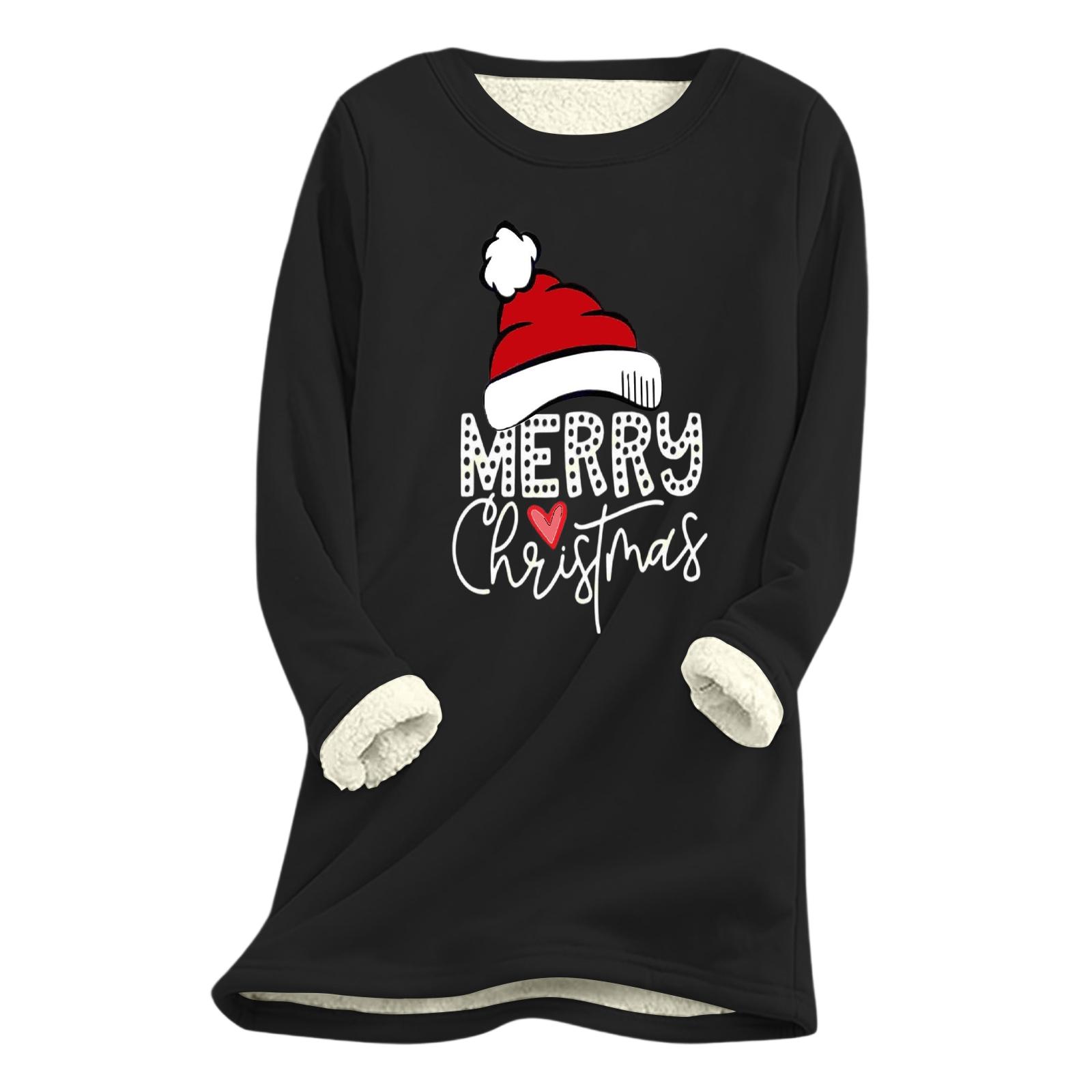 

Women s Christmas Print Thick Plush Lambswool Warm Long Top L чёрный