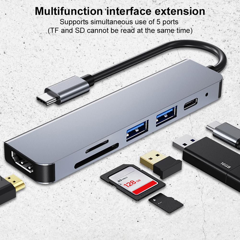 6 In 1 USB C Hub 100W PD 4K HDMI-Compatible USB Splitter SD/TF Card Reader Type-c Hub for USB C Laptops and Other Type C Devices