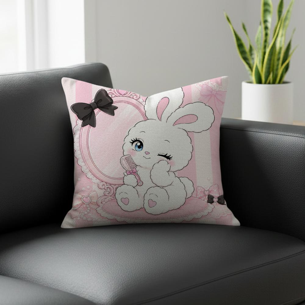 Character Pink Rabbit Cushion Cover Natural Linen Pillowcase Set AllinOne Decor for Sofa Bedroom Chair