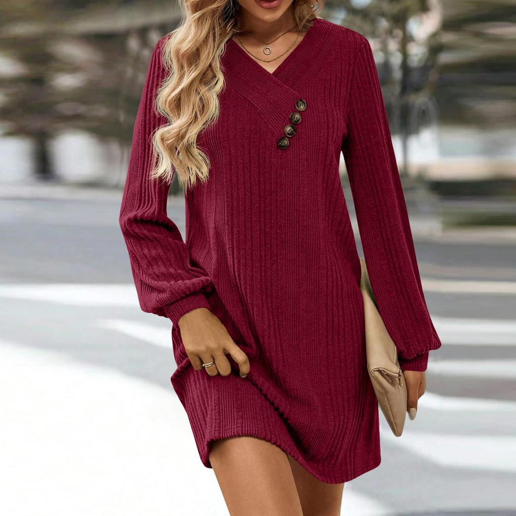 Rochie Tunică Tricotată de Toamnă Iarnă pentru Femei, Casual, cu Mâneci Lungi, Gât în V, Nasturi, Largă, cu Buzunar