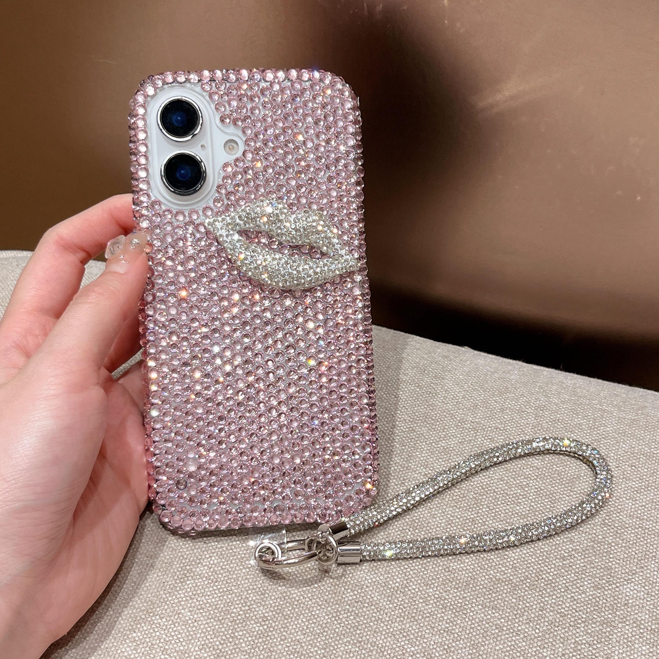 

For iPhone 16 Case with Strap Full Rhinestone Lip Decor TPU+PC Phone Back Cover White