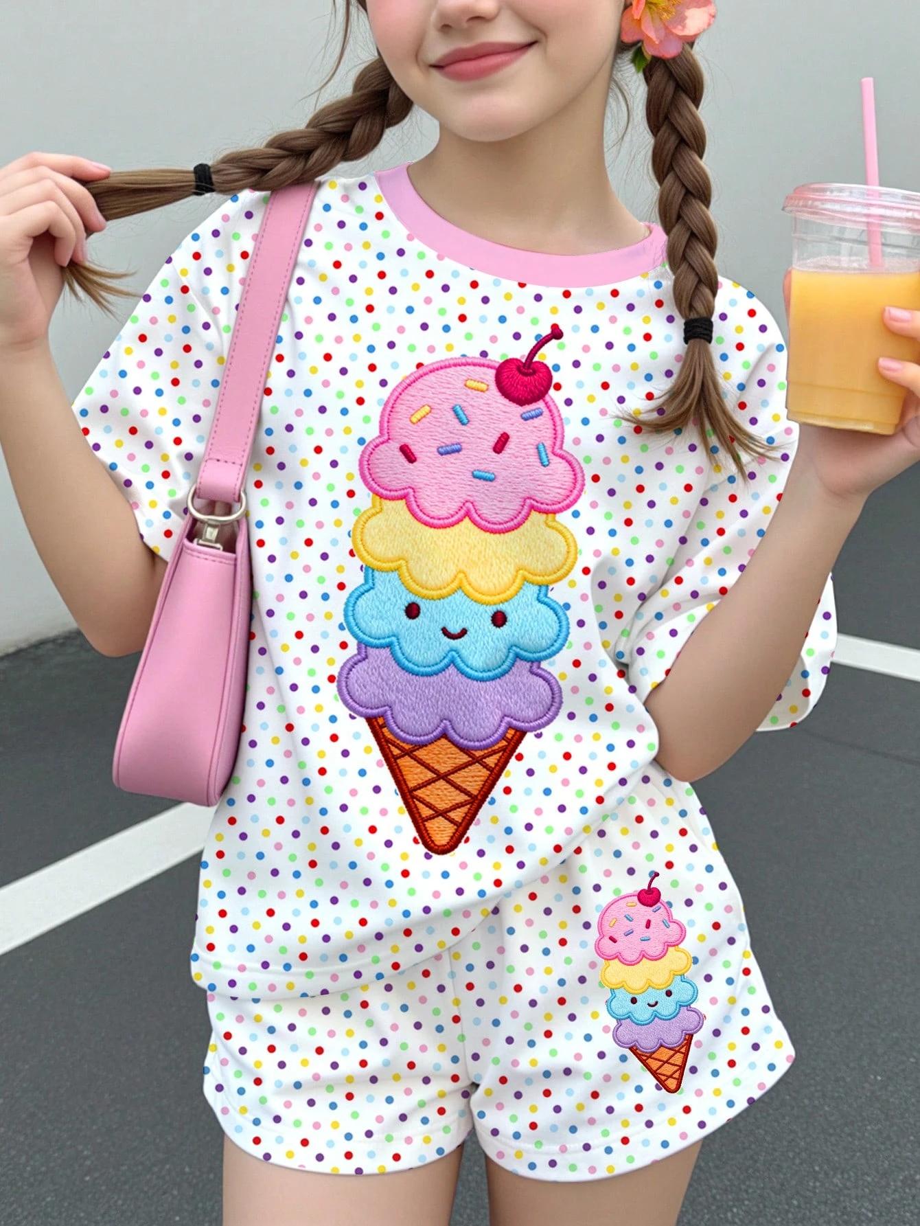 Children s Girl Rainbow Polka Dot Pink Border Cute Smiling Face Ice Cream Embroidered T-shirt with Polka Dot Print Shorts 120