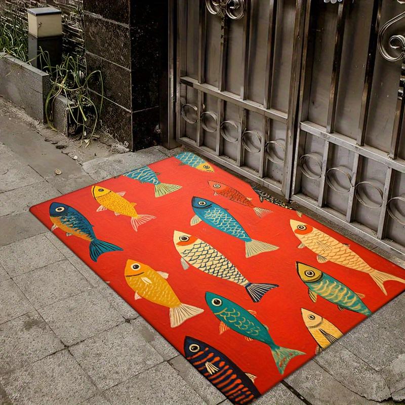 1pc Vibrant Fish Pattern Door Mat - Non-Slip, Absorbent, Machine Washable Polyester Area Mat with Colorful Fish Design On Red Ba