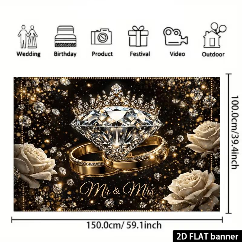 

2D Romantic Bridal Shower Backdrop, Large Diamond & Gold Ring with Glitter and White Roses 47.2x31.5inch/120*80cm