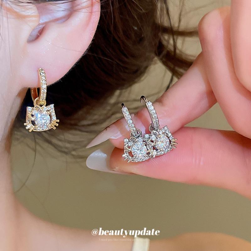 New shining zircon KT cat ear buckle exquisite cute style earrings light luxury high-end feeling great good-looking earrings women