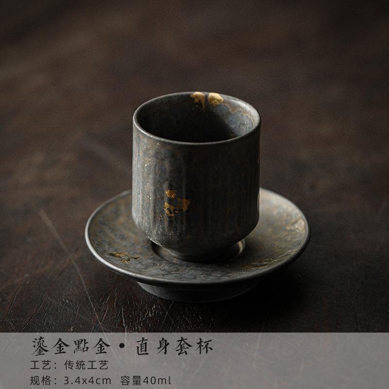 Handmade Sprinkle Gold Coarse Teacup Retro Rust Glazed Master Cup Cup Saucer Set Tasting Tea Bowl with Cushion Kung Fu Teaset