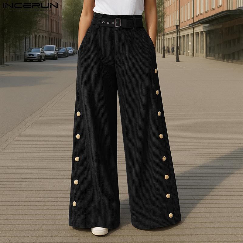 INCERUN Men Zip-up High Waist Casual Loose Long Texture Pants Trousers