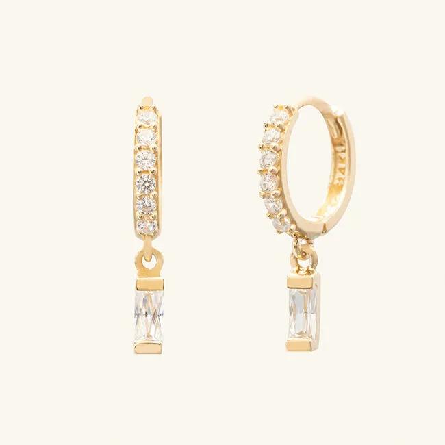 14k Baguette Pendant Drop Cubic One-Touch Earrings (14k Gold) A11