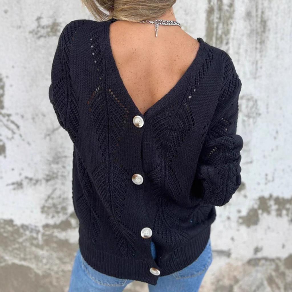 Women's long-sleeved V-neck hollow leaf pattern button knit sweater