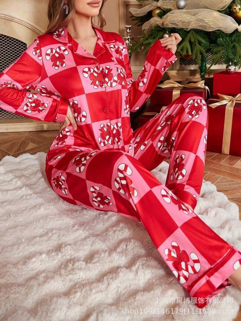 1116 European and American Pajamas Women's Christmas New Year Cartoon Two-piece Set Milk Silk Loungewear