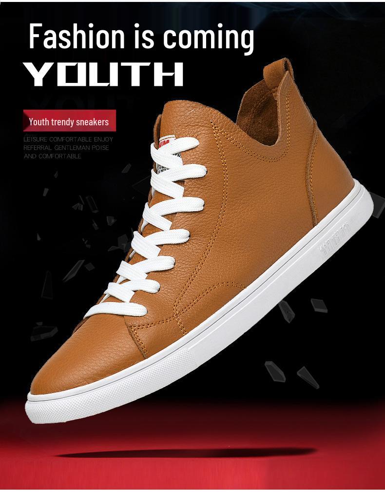 Men's Korean Style Velvet-Lined Mid-Top Leather Sneakers - Trendy Casual Cowhide Patchwork, Large Sizes Available.