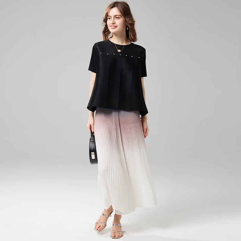 Wudao Light Luxury Pleated Beaded Round Neck Short Sleeve T-Shirt