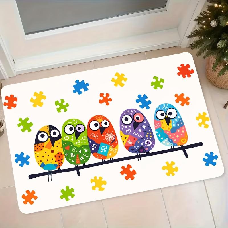 1pc Cartoon Owl Colorful Puzzle Flannel Mat Home Entrance Door Mat Bathroom Non-Slip Water-Absorbing Foot Mat Bedroom Bedside Mat