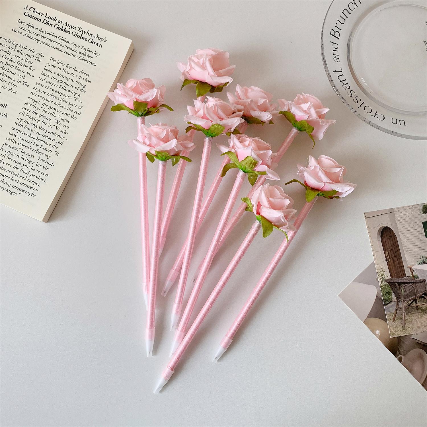 Colored Rose Pens Desk Decoration Gift Writing Pens Creative Personality Ballpoint Gel Pens Simple Simulated Flowers Stationery
