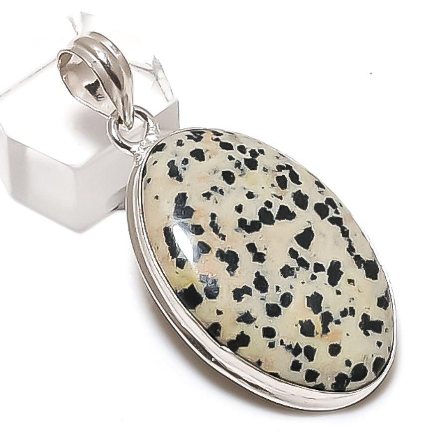 Dalmation Jasper Gemstone Handmade 925 Sterling Silver Pendant 1.97" A5Y95