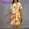 Gradient check Pattern For Ladies Dress Vintage Short Sleeve O-Neck Loose Casual A-Line Dress Summer Print Women Sundress