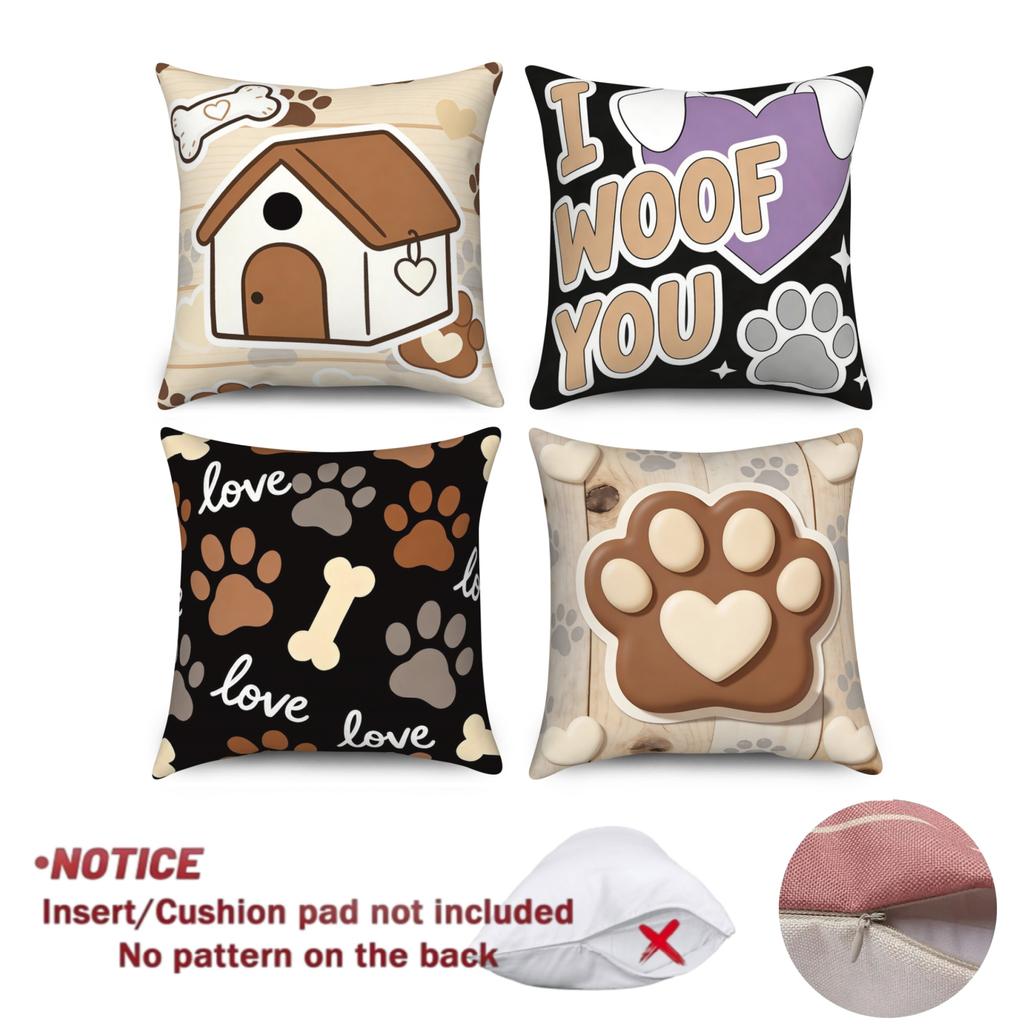 Dog Lover Pillow Covers Set Of 4, Paw Print Dog Bone Pillowcases, Polyester Linen Fabric Material For Pet Home Sofa Decoration