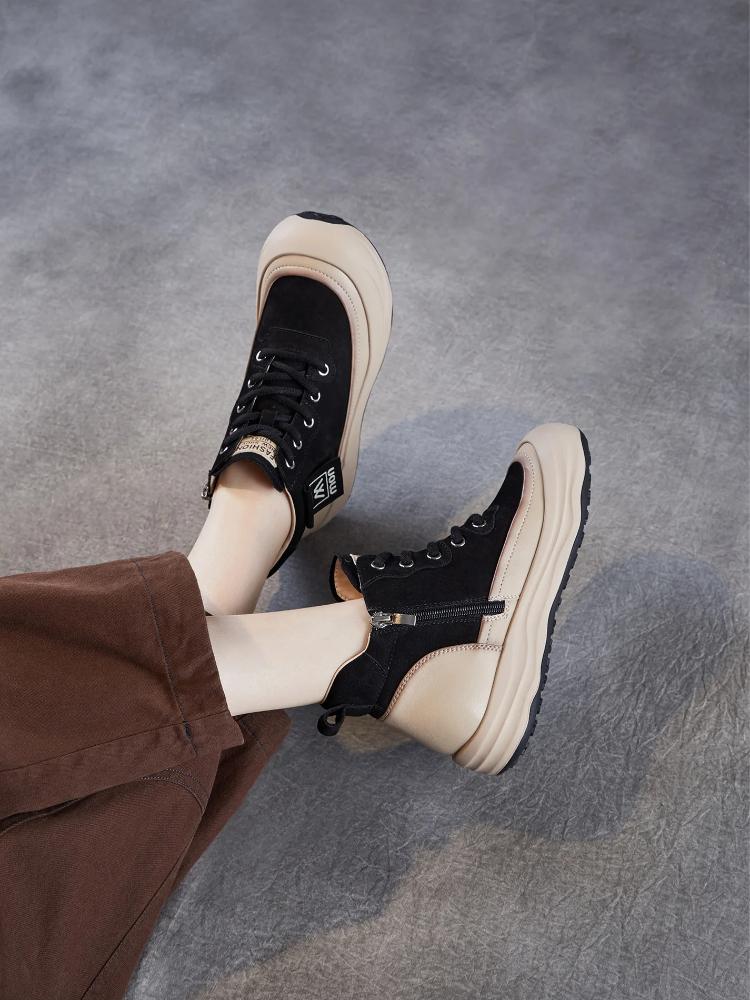 Johnature Echtes Leder Dicksohlige Retro Stiefeletten mit seitlichem Reißverschluss Lässige Schnürschuhe Damen Flache Plateau Schuhe