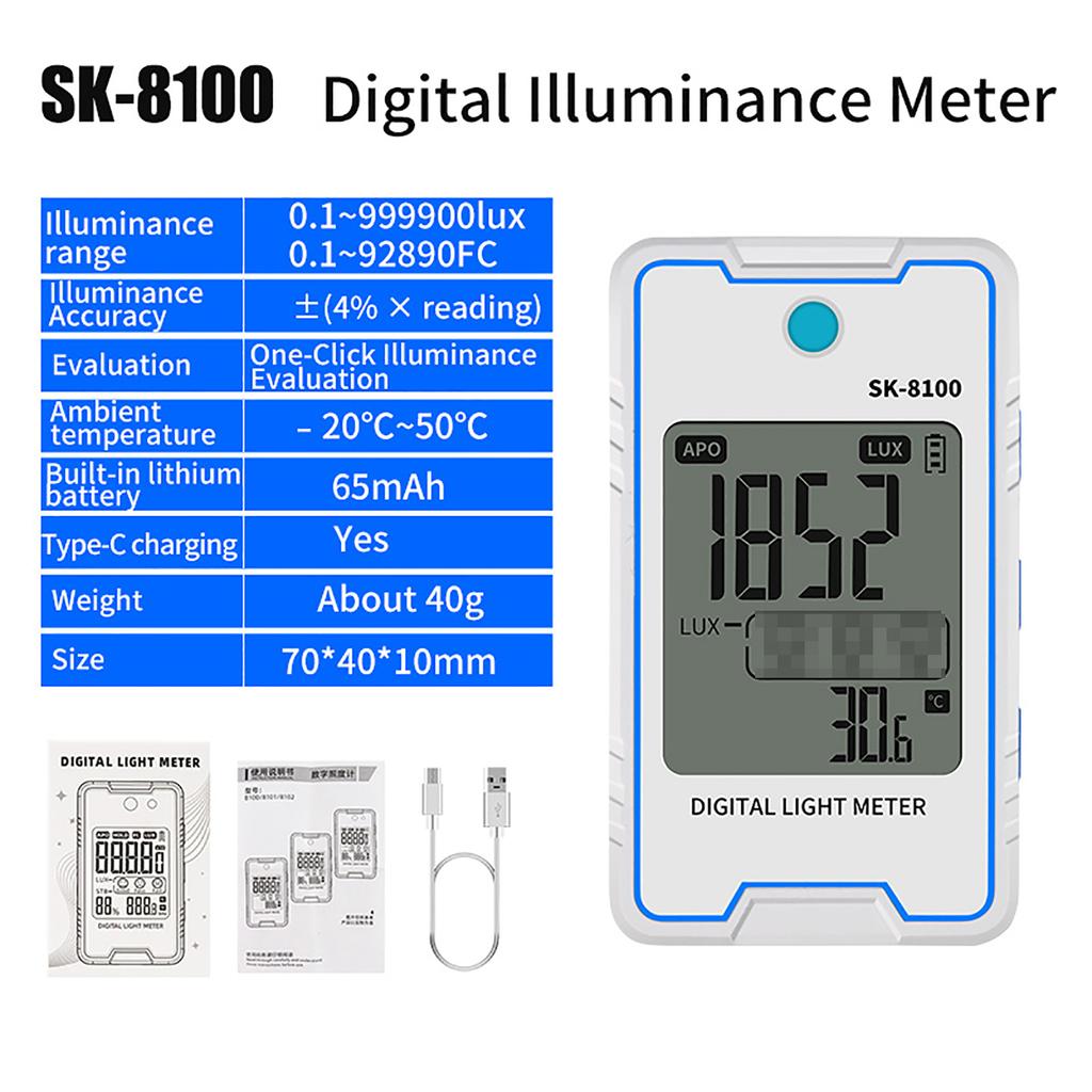 Mini Digital Light Meter with Temperature Auto Off Data Hold Light FC Unit Conversion Type C Charging 0 0.1 999900