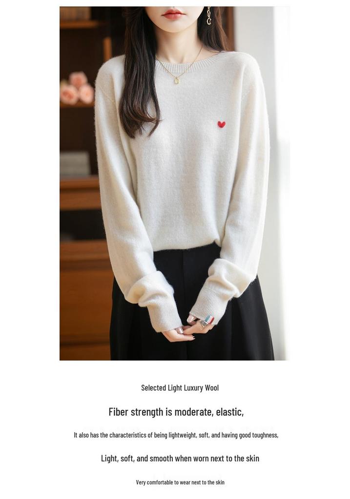 Heart Embroidery Pure Wool Round Neck Pullover Sweater - Autumn/Winter Collection
