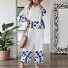 Women's Loose Fit Two-piece Outfit Set Three Quarter Sleeve Blouse High Waist Wide Leg Pants Floral Print Casual Lounge Matching Suit