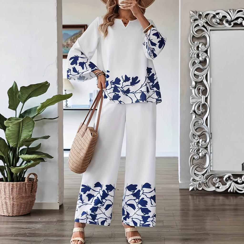 Women's Loose Fit Two-piece Outfit Set Three Quarter Sleeve Blouse High Waist Wide Leg Pants Floral Print Casual Lounge Matching Suit