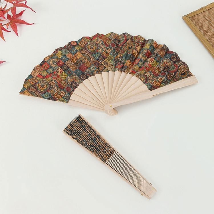 Ethnic Styles Vintage Colorful Checkered Pattern Folding Fan Wood Handheld Fan for Home and Office Decoration Ornament